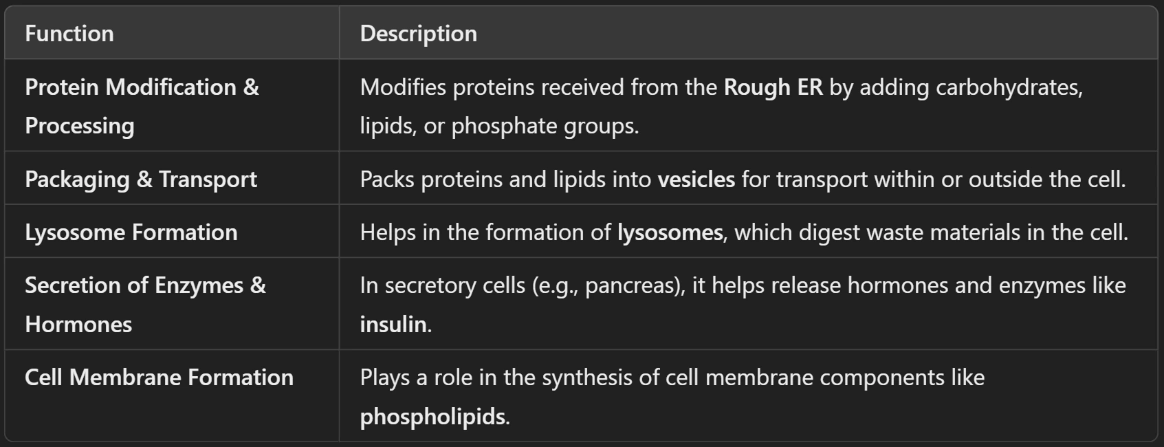 Functions of Golgi Apparatus